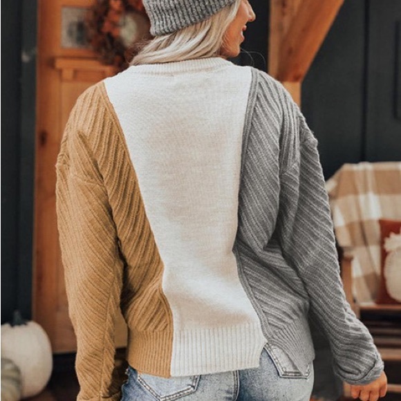Cozy Sweater, Color Block, Cable Knit Texture, White/Tan/Gray, M L XL 2X - Picture 6 of 16